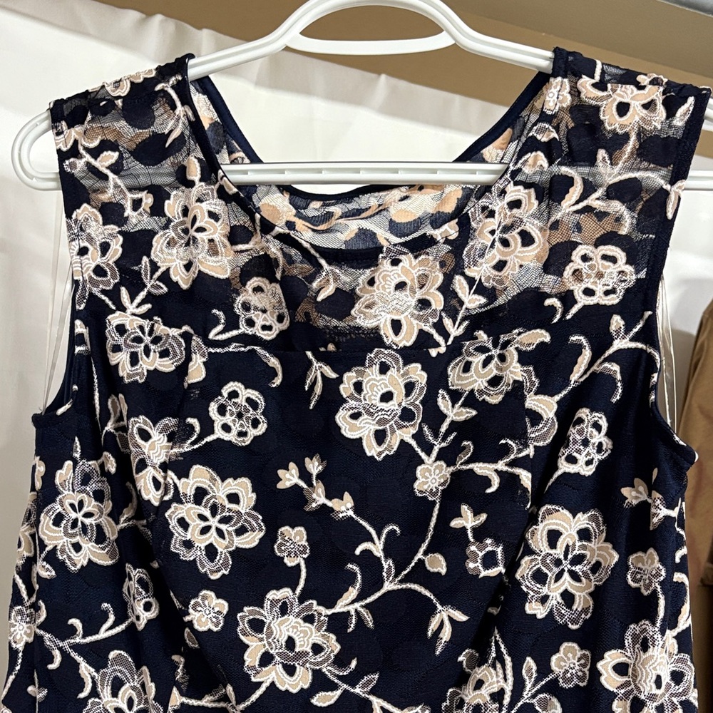Floral Lace Asymmetrical Dress in Navy and Cream